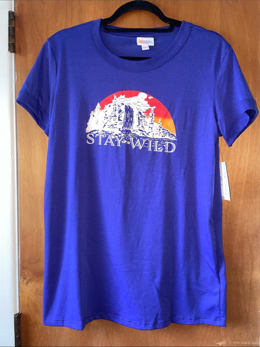 LuLaRoe Stay Wild Graphic Tee - Purple with Red and Orange Accent